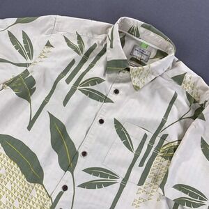 Quiksilver Waterman Shirt Mens MD Green White Beach Bamboo Hawaiian Comfort Fit